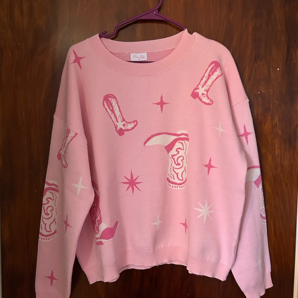 Pink Lily Pink Sweater with Boot and Star Western Design. New without tags.